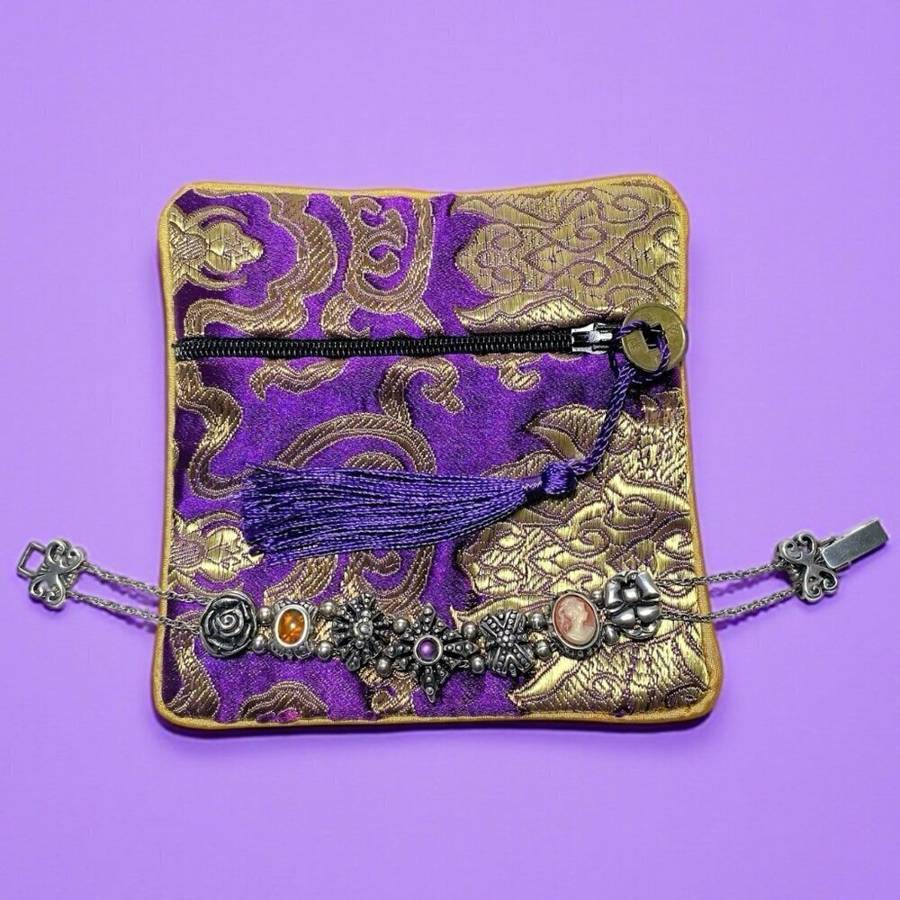 Vintage Victorian Sterling Silver Revival Slide Charm Bracelet w/ Travel Bag - Picture 4 of 9